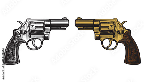 Classic Silver and Gold Revolvers Illustration
