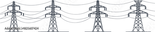 High voltage electricity transmission towers with power lines in linear illustration, energy infrastructure concept showing industrial grid and electrical distribution network