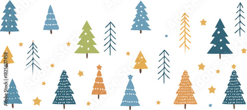 Festive Forest Whimsical Christmas Trees and Stars on a White Background