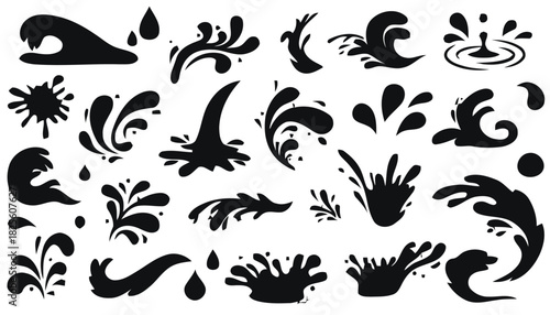 Black Water Splashes Drops Waves Swirls Liquid Elements Collection vector