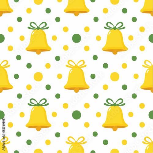 Seamless pattern of yellow bells with green and yellow polka dots on a white background, festive and cheerful design