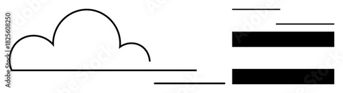 Black outlined cloud paired with horizontal lines and rectangles suggesting internet speed, cloud storage, innovation, and technology. Ideal for digital network, data management, cloud tech