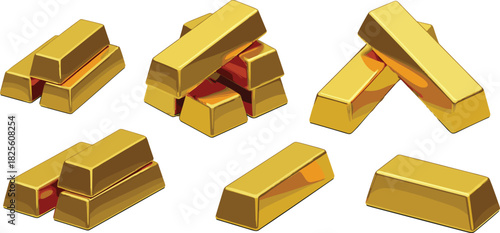 Gold bar illustration set, shiny bullion stack, financial wealth symbol, investment asset graphic, luxury metal texture, banking concept design