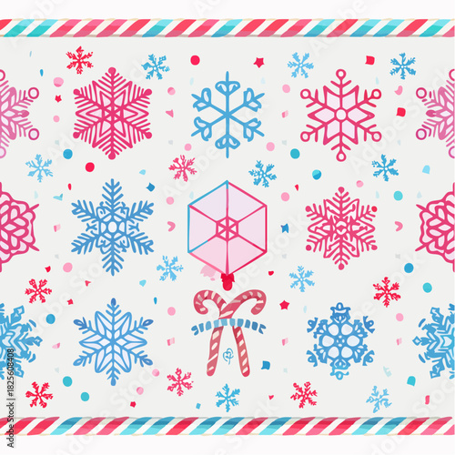 Festive Seamless Pattern of Colorful Snowflakes and Candy Canes on a White Background with Striped Borders