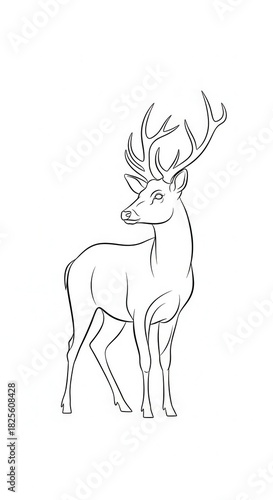 Fototapeta Naklejka Na Ścianę i Meble -  Outline drawing depicts a majestic male deer with large branching antlers standing in profile against a white background