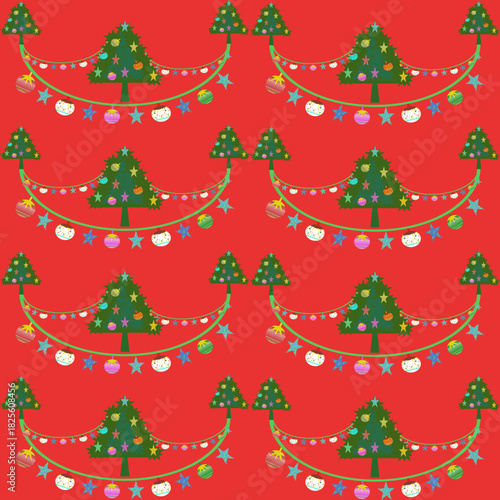 A festive seamless vector pattern featuring decorated Christmas trees, colorful string lights, star garlands, and baubles on a vibrant holiday red background.