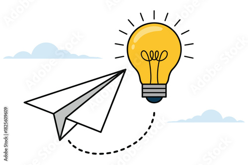 Startup idea concept with paper plane flying toward light bulb, symbolizing business innovation, creative thinking, inspiration, solutions, project launch, entrepreneurial success, and innovative idea