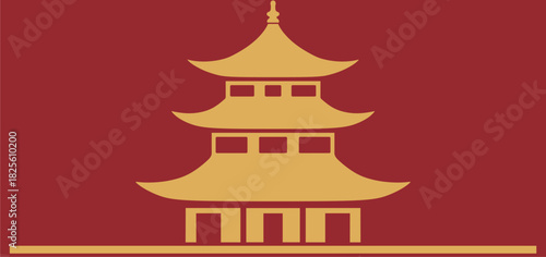 Golden Pagoda Icon on Chinese Red Background