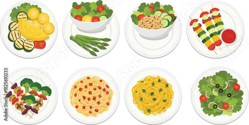 Healthy vegetarian food plate collection, colorful vegetable dishes, pasta and salad variety, nutritious meal illustration, organic diet concept art
