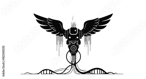 Futuristic robotic angel with wings, symbolizing technology and evolution, against a clean white background.