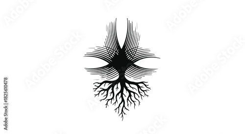 Abstract symmetrical tree with roots and feather-like branches against white background