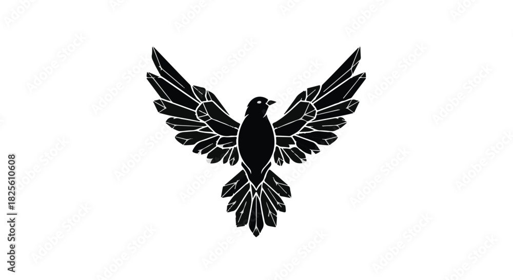 Fototapeta premium Elegant black bird silhouette with outstretched wings against a white background, symbolizing freedom and peace.