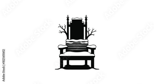 Majestic throne covered in snow and bare winter branches, evoking a sense of cold, regal solitude.