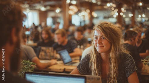 young couple working with laptop in cafe