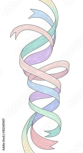 Intertwined ribbons create a spiraling, colorful helix design against a white background.