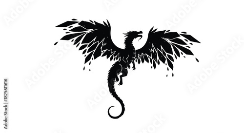 Mysterious black phoenix silhouette with outstretched wings on a white background