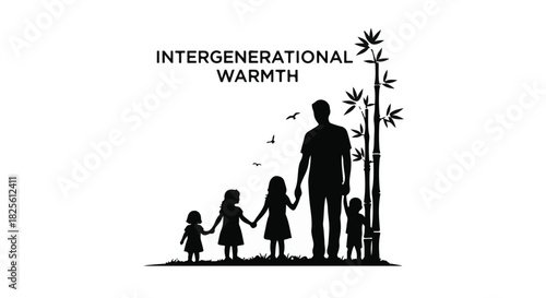 Silhouette of a father holding hands with his children, symbolizing family connection and growth.