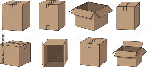Cardboard boxes collection, open and closed packaging, shipping containers, brown paper boxes, delivery parcels, storage and moving supplies flat vector illustration