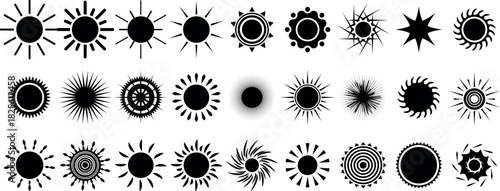 Different black sun symbols icons set with rays shapes vector