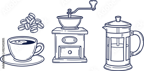 Coffee beans, cup, grinder, French press, brewing tools collection, traditional coffee preparation icons, flat design set, flat vector illustration