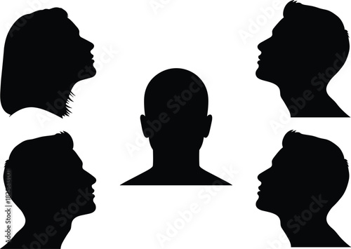 A collection of diverse human head silhouettes showing male and female profiles looking up, representing thought, contemplation, hope, future, and aspiration on a white background.