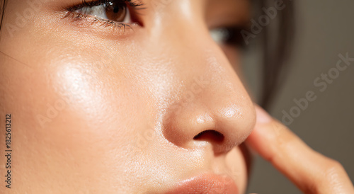Close up of a woman touching her smooth skin for skincare and beauty care