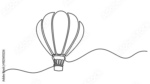 Hot air balloons in continuous one line drawing. Single line draw illustration of hot air balloons. Travel flying on aerostat in sky logo and divider concept in simple linear style. Editable vector.