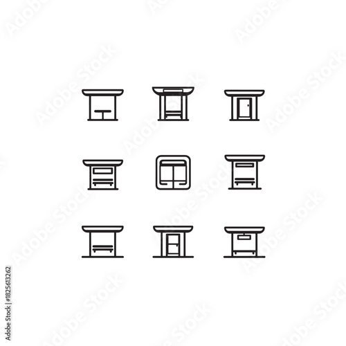 Bus stop line art waiting passengers under shelter