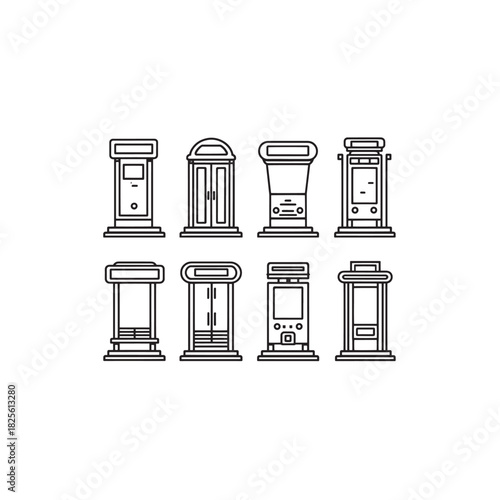 Bus stop line art waiting passengers under shelter