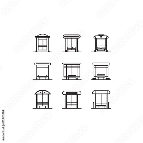 Bus stop line art waiting passengers under shelter