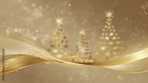 Abstract gold Christmas trees with snowflakes on a ribbon for a winter holiday