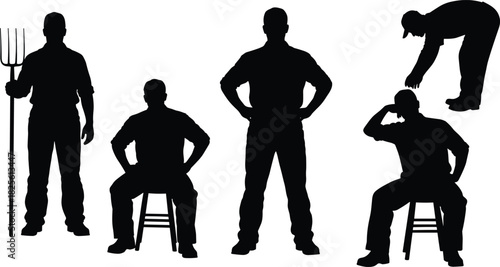 Set of detailed farmer and worker silhouettes in various standing, sitting, and bending poses, holding a pitchfork, representing agriculture, labor, farming, and hard work concept.