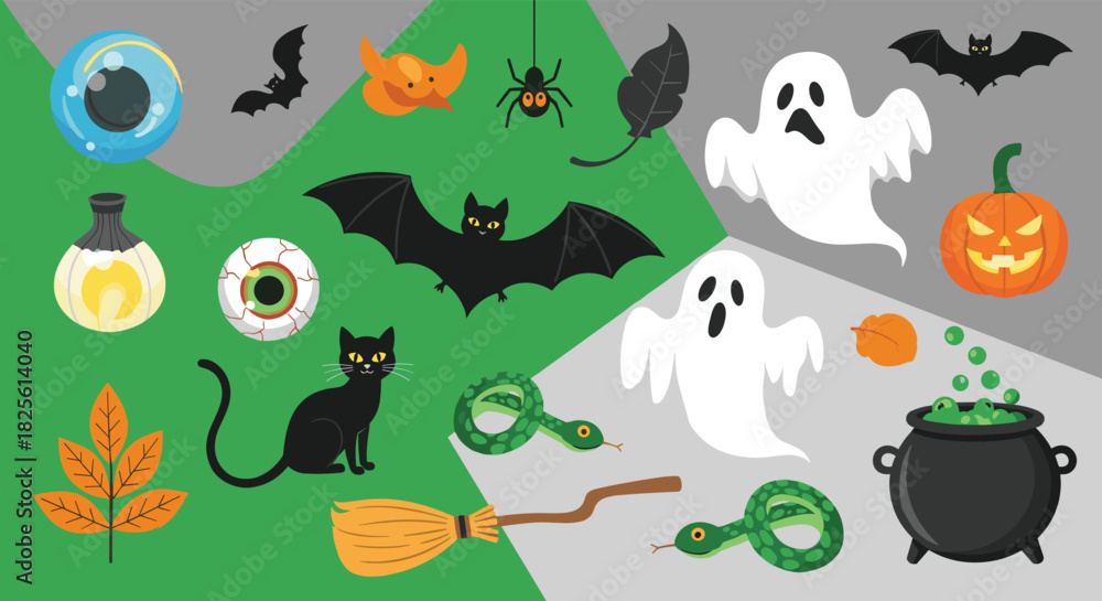 Fototapeta premium Spooky collection of Halloween elements featuring ghosts, bats, a black cat, pumpkin, cauldron, and various creepy objects for festive designs.