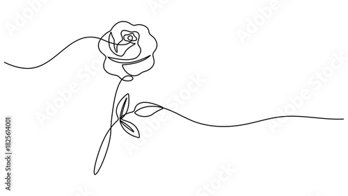 Continuous line drawing of rose flower. One line art concept of beautiful floral for love greeting. Rose flower minimalist black linear design isolated on white background. Vector illustration