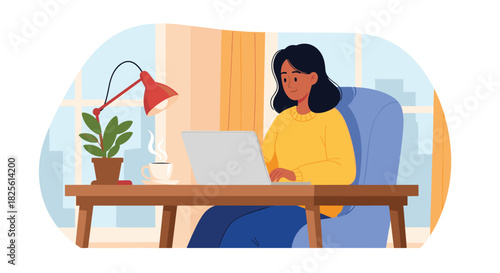 Young woman in a yellow sweater diligently typing on her laptop at a wooden desk in a bright, inviting home office.