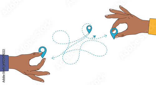 Two hands holding location pins illustrate a complex, winding dotted path with arrows and a central pin, symbolizing a challenging journey or strategic process.