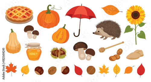 A charming collection of autumn-themed elements, including pumpkins, leaves, a hedgehog, pie, and mushrooms, perfect for fall designs.