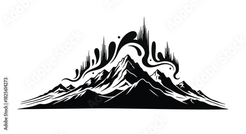 Majestic mountain peaks crowned with abstract, flowing energy against a stark white background.
