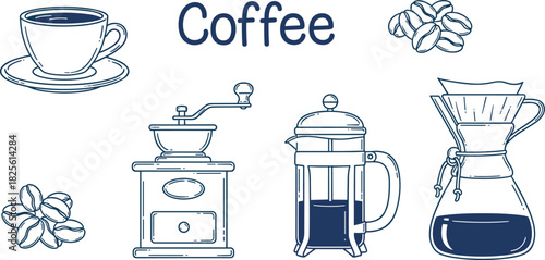 Coffee brewing tools set, French press, Chemex, grinder, beans, cup, “Coffee” text design, flat vector illustration