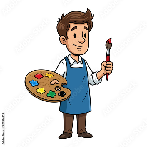 Cartoon Artist Holding Paint Palette and Brush Ready to Create Art.