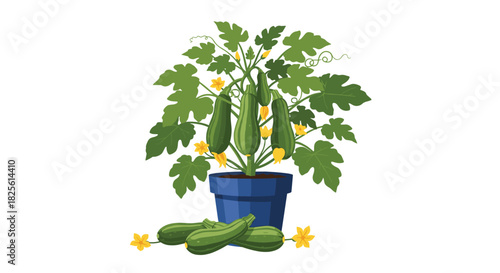Potted zucchini plant flourishing with green vegetables and bright yellow flowers, with harvested zucchini on the ground.