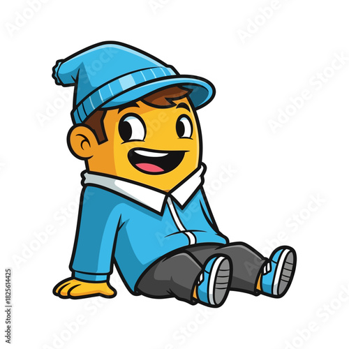 Happy Cartoon Boy in Blue Beanie and Jacket Sitting Down.