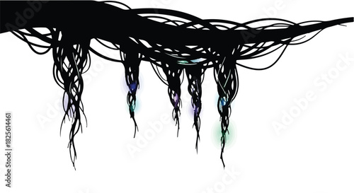Abstract tangled dark roots with glowing colorful tips on white background