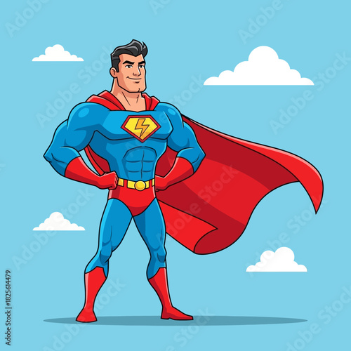 Cartoon Superhero with Red Cape and Blue Suit Standing Confidently.