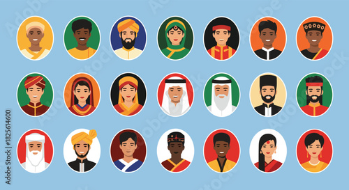 Diverse group of smiling people in traditional attire from various cultures and ethnicities, presented as cartoon avatars.