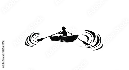 Silhouette of a person rowing a small boat across rippling water