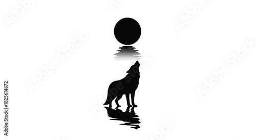 Lone wolf howls at the full moon, its silhouette reflected on the water's surface.