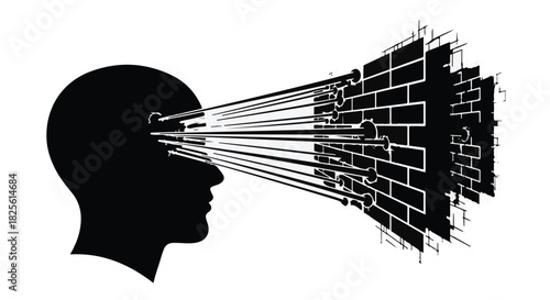 Abstract mind breaking through mental barrier with visual data explosion