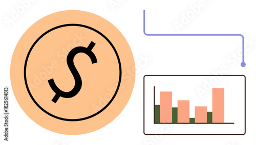Dollar sign enclosed in a circle with a connected bar chart highlighting financial data trends. Ideal for finance, investment, analysis, planning, growth, economy, strategy simple flat metaphor