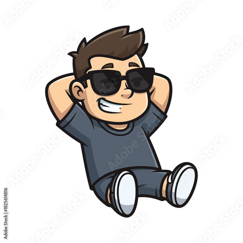 Cartoon boy with sunglasses relaxing with hands behind head.